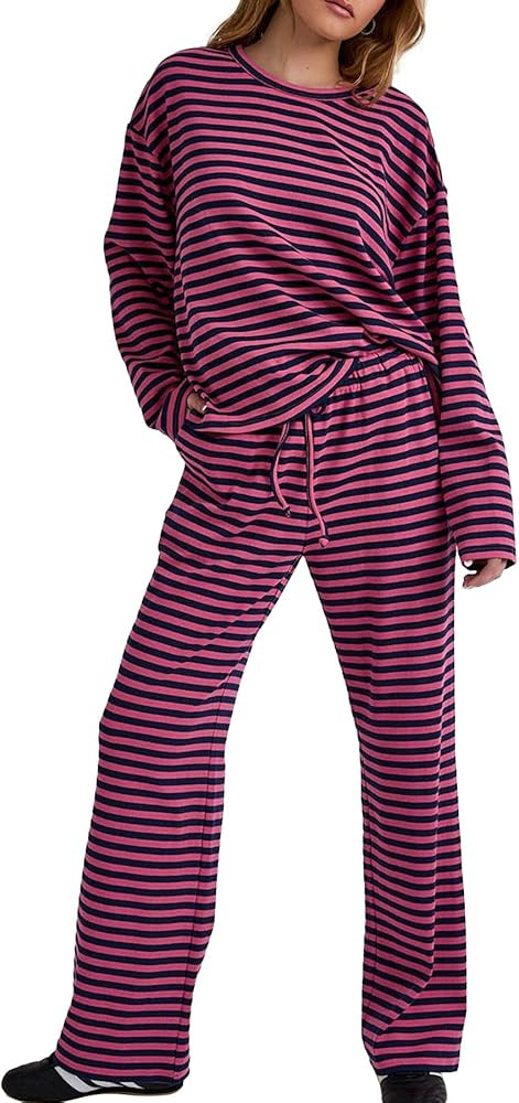 Ainangua 2 Piece Sets for Women Oversized Striped Long Sleeve Tops Drawstring Wide Leg Pants Loun... | Amazon (US)