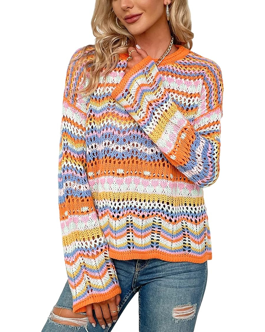 XBTCLXEBCO Womens Crochet Hollow Out Sweater Fall Long Sleeve Crew Neck Color Block Striped Sweat... | Amazon (US)