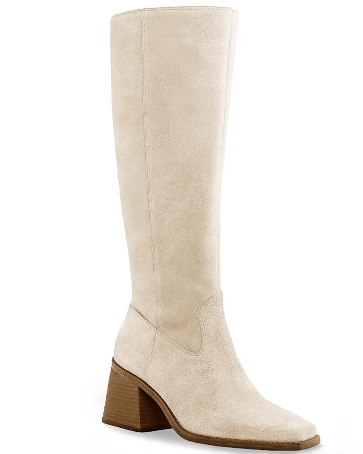 Coutgo Women's Knee High Boots Wide Calf Square Toe Chunky Heeled Pull-on Boot | Amazon (US)