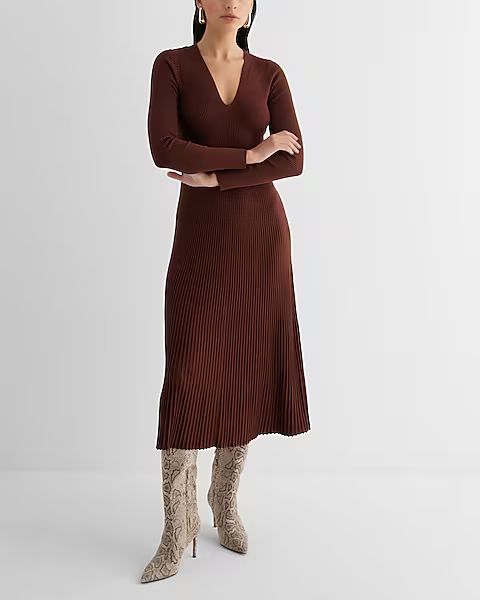 Ribbed V-Neck Long Sleeve Sweater Midi Dress | Express