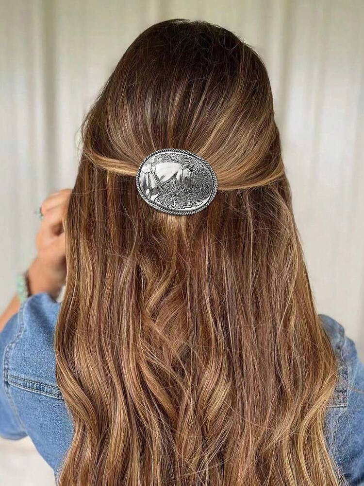 1pc Vintage Metal Western Style Silver-Color Geometric Horse & Flower Pattern Oval Hair Clip, Hair Accessory Gift For Women, Mother, Wife, Girlfriend On Valentine's Day, Mother's Day, Claw Clips, Hair Slide, Hair Barrettes, Hair Accessories, Head Accessories, Hairpin | SHEIN