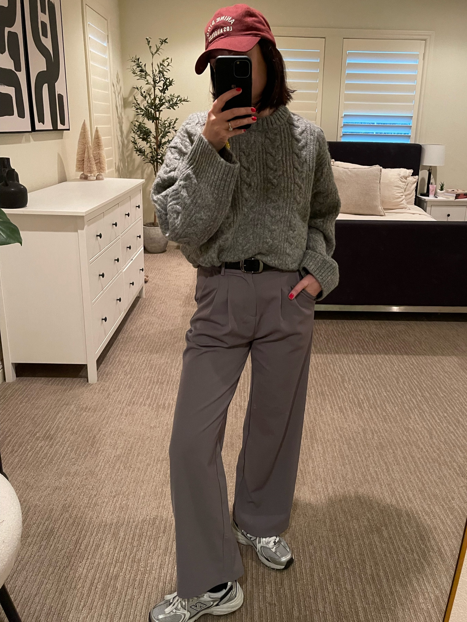 Grey on grey outfit with a touch of burgundy 
Grey oversized sweater, grey trousers, new balance silver 530s and anine bing burgundy cap with black belt 

#LTKstyletip #LTKSeasonal #LTKshoecrush