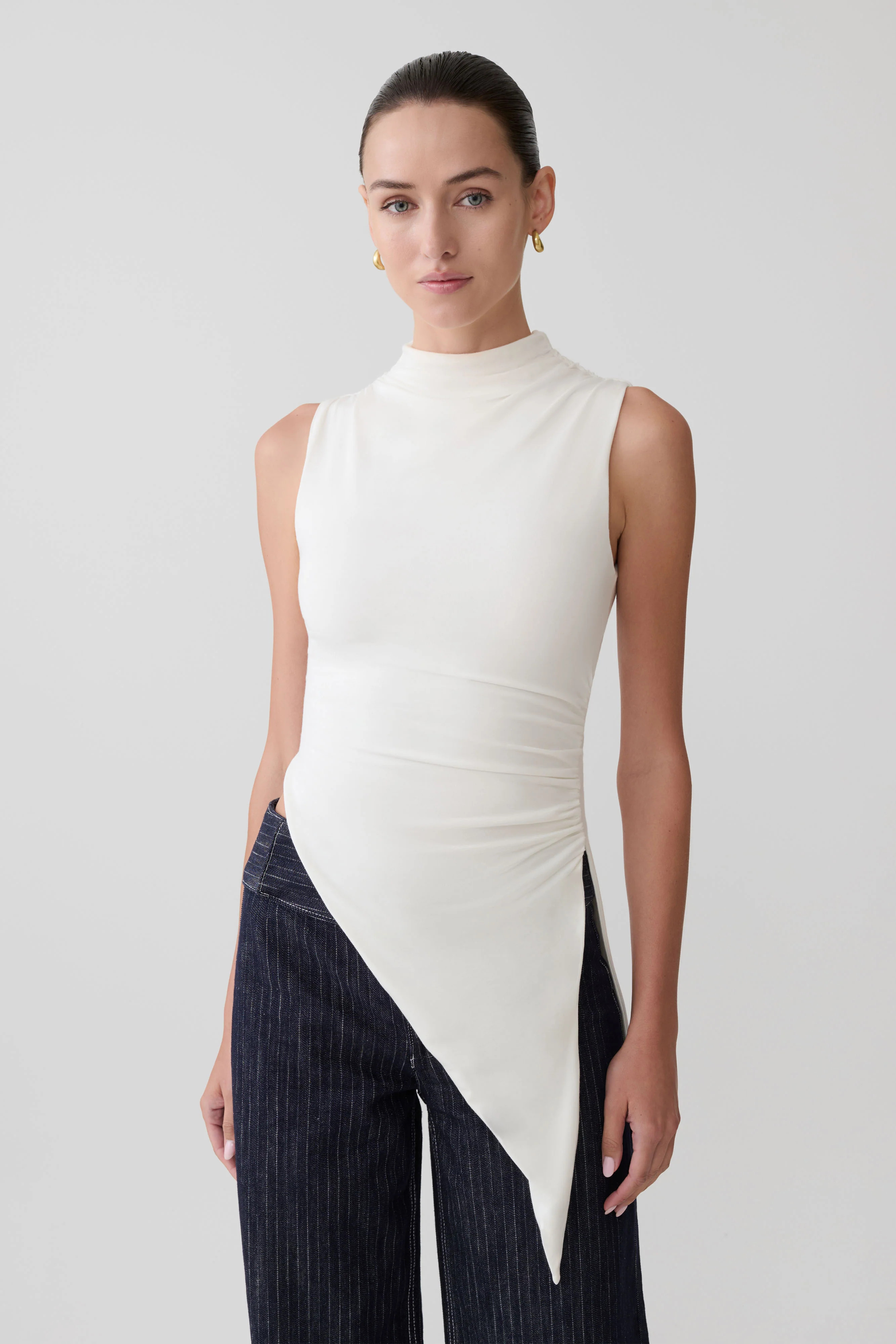 Suong High Neck Gathered Top - White | Meshki (APAC)