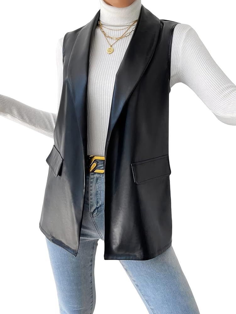GORGLITTER Women's PU Leather Shawl Collar Vest Jacket Open Front Sleeveless Blazer Outerwear wit... | Amazon (US)