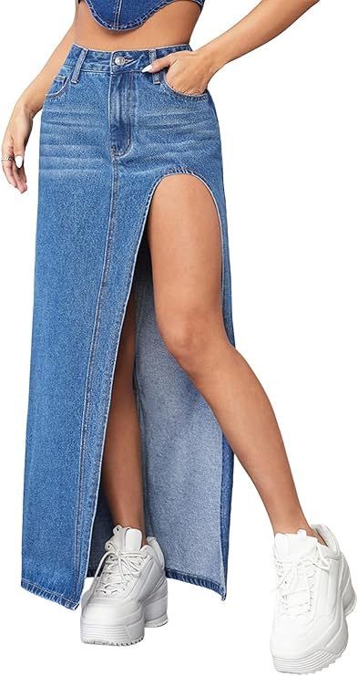 Verdusa Women's High Waist Split Thigh Denim Long Maxi Skirt | Amazon (US)