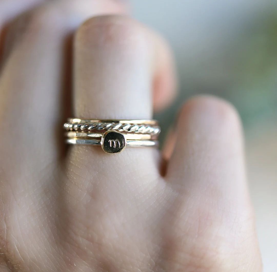 Stackable Rings, Solid 14k Gold Rustic Pebble Ring Silver Band Mixed Metal Initial Ring, Personal... | Etsy (US)