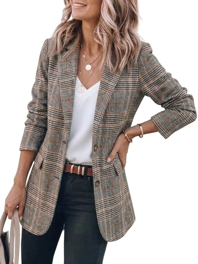 Womens Tweed Blazer Casual Plaid Houndstooth Blazer Work Suit Jackets | Amazon (US)