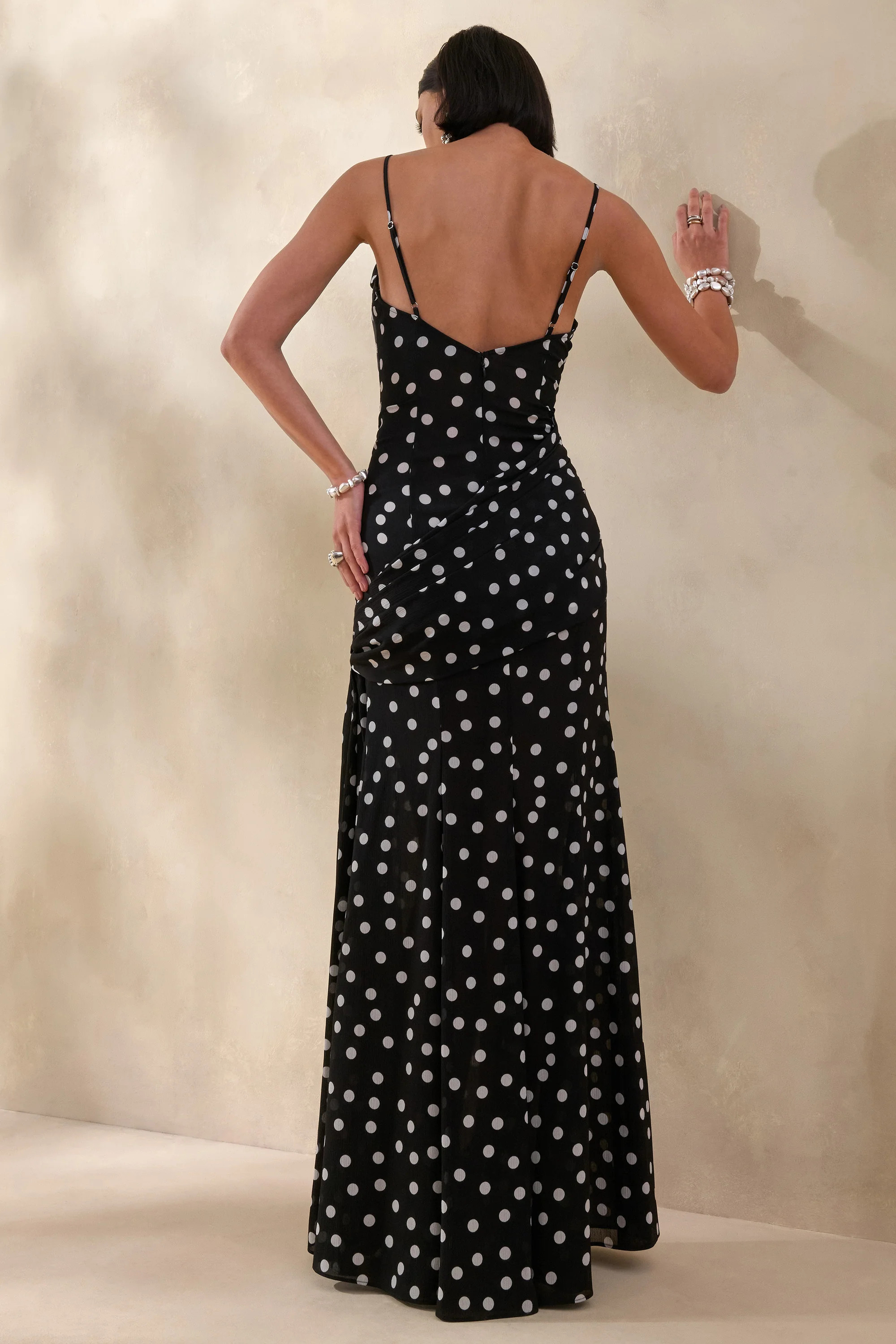 Virtue | Black & White Sheer Polka Dot Cowl-Neck Fishtail Maxi Dress With Split | Club L London