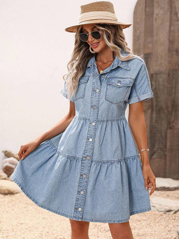 SHEIN Tall Leisure Washed Denim Shirt + Ruffled Denim Skirt Set, Vacation Style | SHEIN