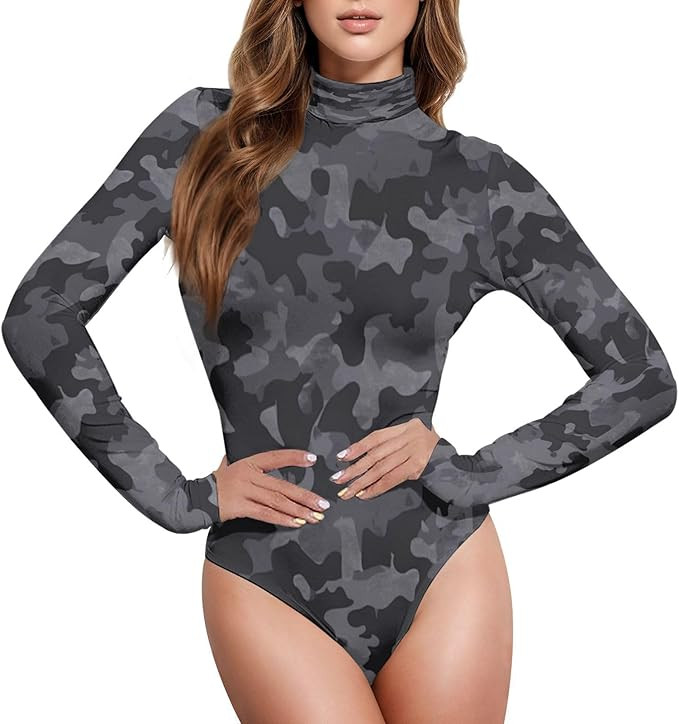 Women's Turtle Neck Long Sleeve Black Camouflage Sexy Bodysuit Tops Going Out Tops Sharp Collecti... | Amazon (US)