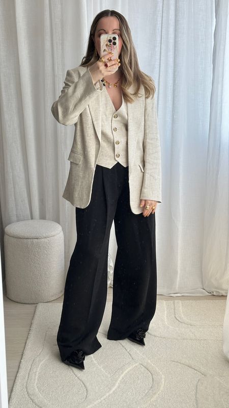 A little linen waistcoat and blazer set for spring 🪽🪽
Marks and Spencer trending | Spring suits | Workwear ideas | Office outfits | Wedding guest outfit idea | Black tailored pleated front trousers 

#LTKover40 #LTKfindsunder100 #LTKworkwear