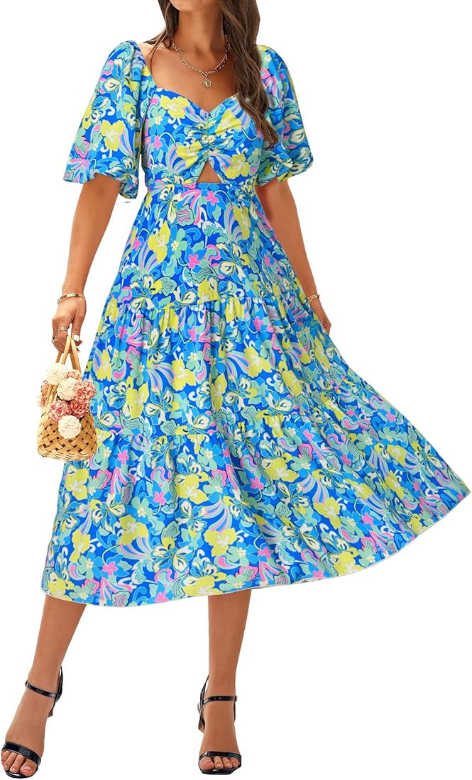 BTFBM Women Summer Dresses 2023 Casual Flowy Beach Square Neck Puff Short Sleeve Smocked Back Boh... | Amazon (US)