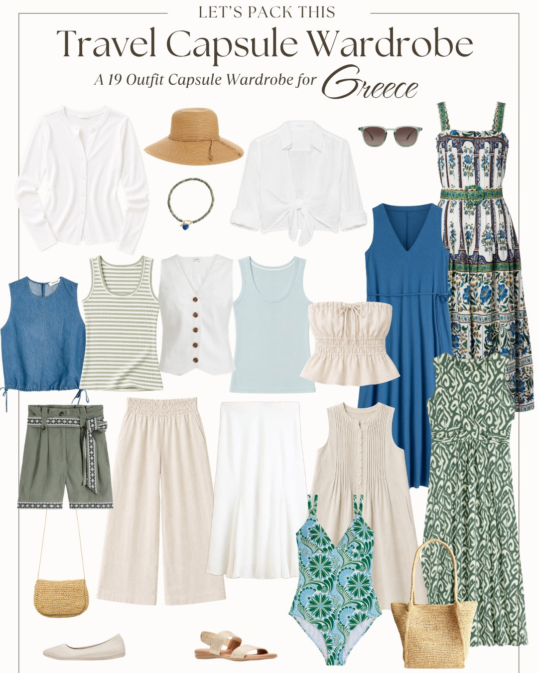 This travel capsule wardrobe was designed for Greece in the summer—hot sunny days, warm evenings, sea breezes, and lots of walking on stone streets and coastal towns.

Expect daytime highs: 80s–90s°F. Evenings stay warm, but breezy islands and ferry rides can occasionally feel cooler—so lightweight layers still help.

Here’s your packing list for Greece: • 5 tops • 3 bottoms (linen shorts, linen pull-on pants, linen skirt) • 4 dresses • 2 outer layers (cardigan + lightweight blouse tied at the waist) • 1 bathing suit • 2 shoes (easy slip-on sneakers + walking sandal nice enough to dress up) • Crossbody bag • Packable tote • Accessories

14 clothing pieces mix and match into 19 outfit combinations—and it all fits in your carry-on suitcase.

Not headed to Greece? This capsule also works for the Amalfi Coast, South of France, coastal Spain, Croatia, Portugal, and the Greek Islands.

⭐️ My travel capsules are created using research, personal travel experience, and my own style preferences. I do my best to account for weather and real-life travel needs, but every trip is different. Use these as a fun starting point, not rigid rules. Take what works, leave what doesn’t, and make it your own. ⸻ Hi! I’m Haley, and I created Carry-On Couture to help you curate functional and beautiful travel capsule wardrobes specifically designed for carry-on travel. Thank you for being here

#LTKOver40 #LTKTravel