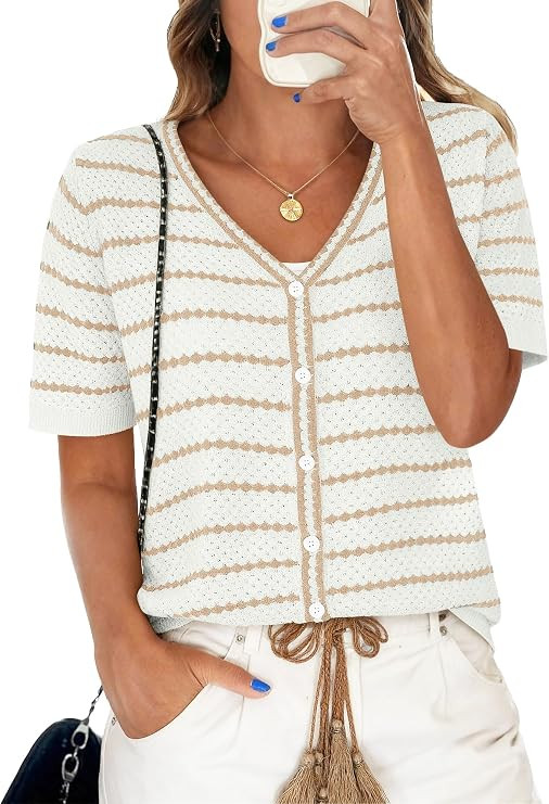 COCCKO Crochet Tops for Women V Neck Short Sleeve Striped Sweater Summer Button Shirts Knit Casua... | Amazon (US)
