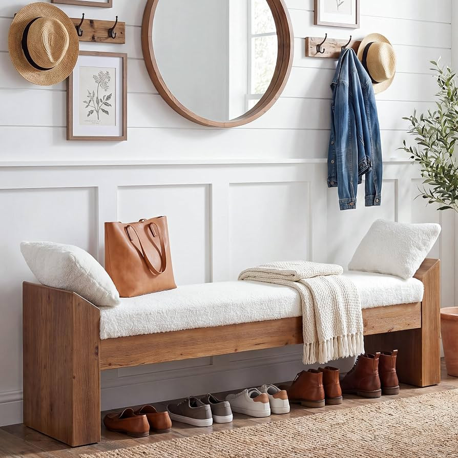 Solid Wood Entryway Bench, 63" Upholstered Bench with 2 Removable Pillows, Farmhouse Hallway Shoe... | Amazon (US)