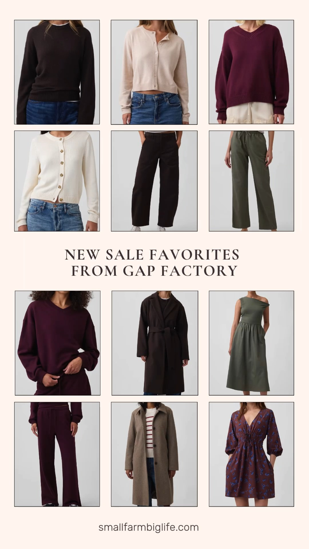 Gap Factory's sale section is full of cozy fall neutrals right now, and this lineup makes it easy to build a whole capsule wardrobe. The mushroom recycled relaxed topcoat and the terra brown wrap topcoat are both great outerwear options for layering over sweaters this season.

For knitwear, the terra brown heather cashsoft crewneck sweater and the cream cashsoft cardigan bring that soft, elevated feel, while the burgundy oversized v-neck sweater and the cream crewneck cardigan round out easy layering pieces. If you want something more relaxed, the burgundy oversized wedge v-neck sweatshirt and the burgundy straight leg sweatpants make an easy, coordinated loungewear moment.

On the bottom half, the terra brown mid rise barrel khakis and the dusty olive green easy twill pants are both versatile work friendly options for fall. For dresses, the dusty olive green one shoulder maxi dress brings an elegant touch, while the brown and royal blue floral tie front mini dress adds a fun print for a date night or weekend outfit.

#gapfactory #fallfashion #falloutfits #fallsale #newarrivals 

 #LTKootd #LTKOver40 #LTKWorkwear