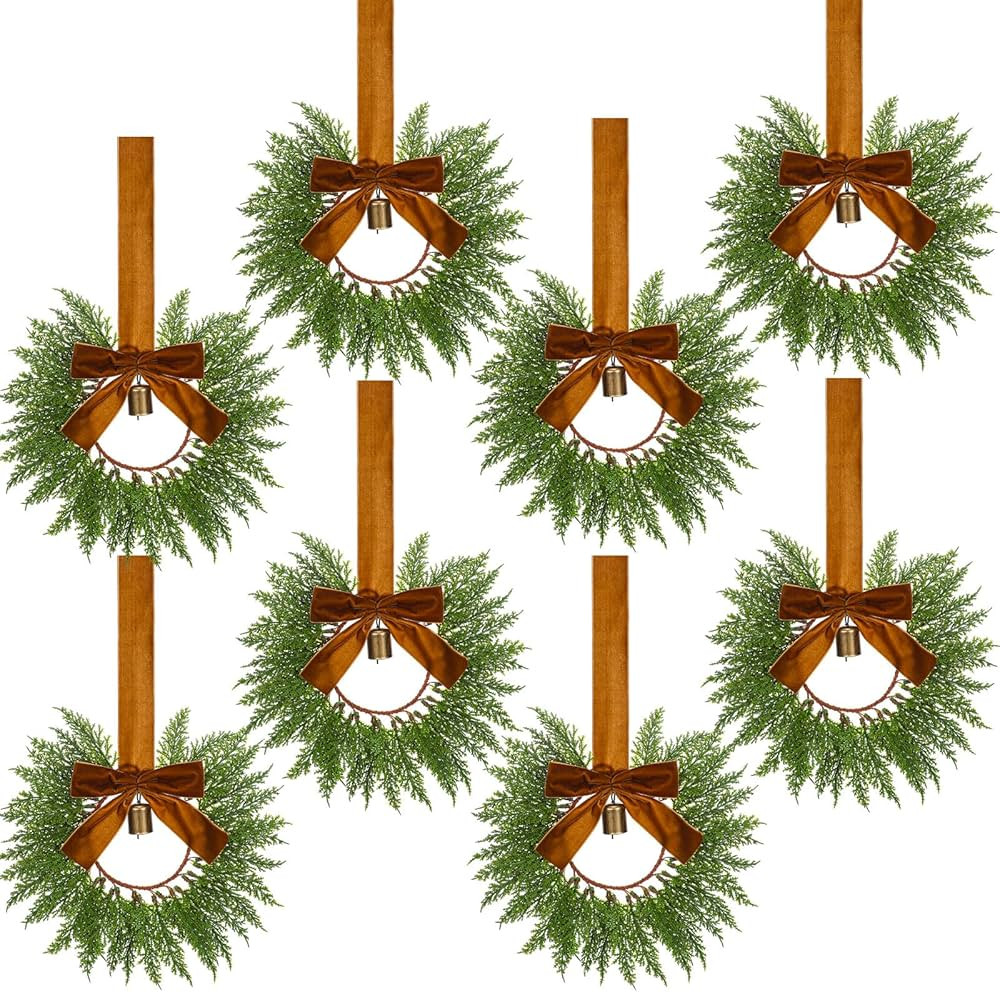 Dingion 8 Pcs 9.8" Small Christmas Cabinets Wreaths Mini Wreaths for Kitchen Window Chair Backs w... | Amazon (US)