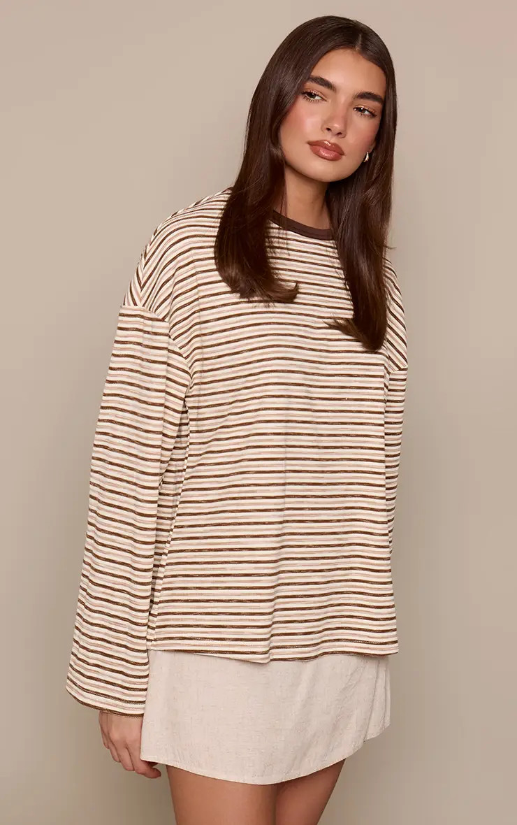 Light Brown Light Brown Soft Rib Striped Detail  Oversized Long Sleeve Top | PrettyLittleThing | PrettyLittleThing UK