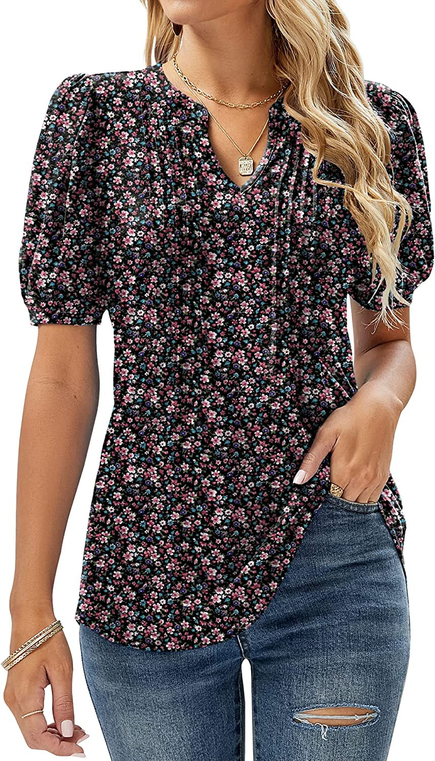 Micoson Womens V Neck Puff Short Sleeve Pleated T Shirts Fashion Summer Tops Casual Tunic Blouse | Amazon (US)