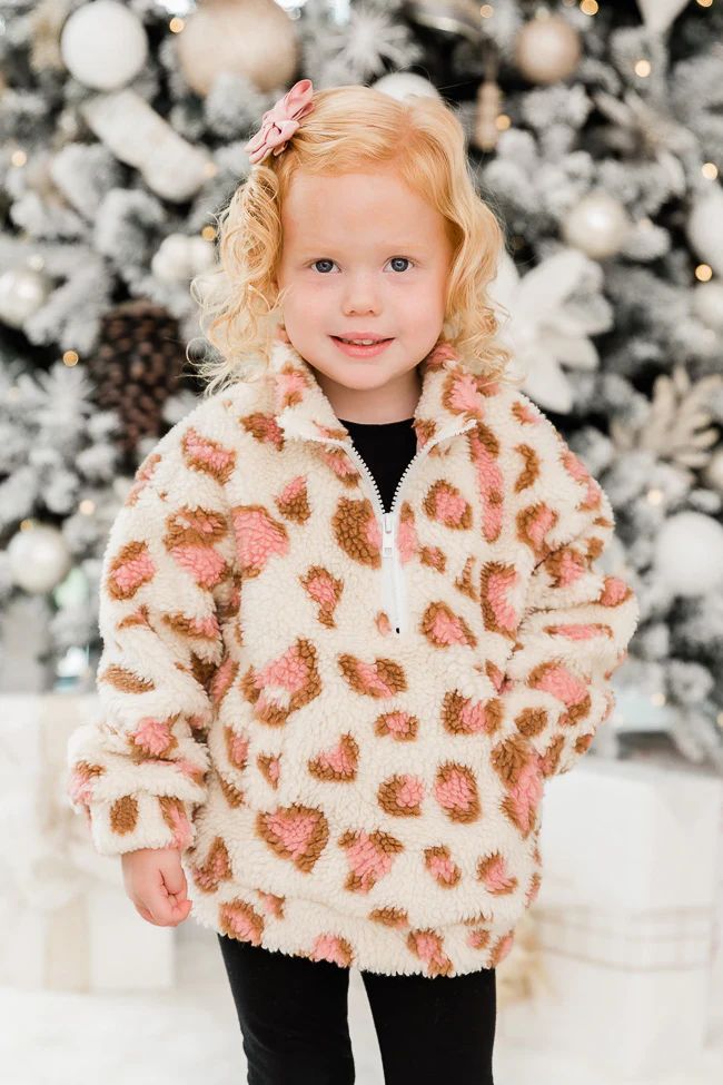 Kid's Call Of The Wild Pink Leopard Print Sherpa Quarter Zip Pullover DOORBUSTER | Pink Lily