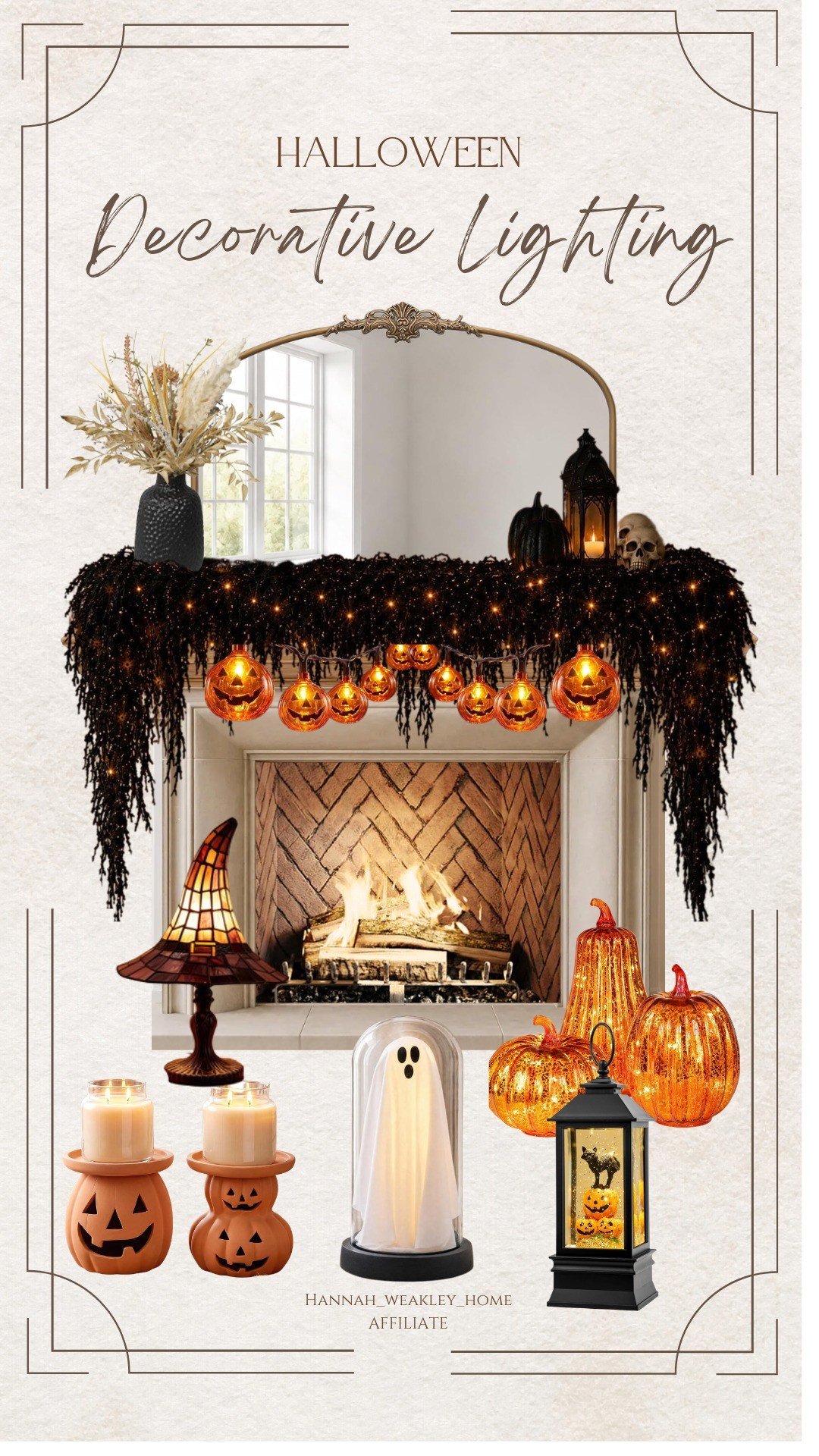  Moody fall decorative lighting| Fall mantle ideas| Indoor fall decorating ideas| Black garland with twinkle lights| Pumpkin candle stands| Pumpkin lights| Ghost cloche| Fall lanterns| Black pumpkins

#LTKSeasonal