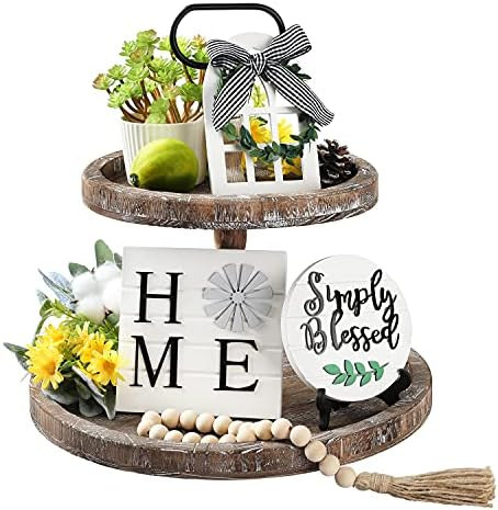 LIBWYS 4 Pcs Farmhouse Decors for Tiered Tray Farmhouse Home Decor Mini Signs Simply Blessed Home Wi | Amazon (US)