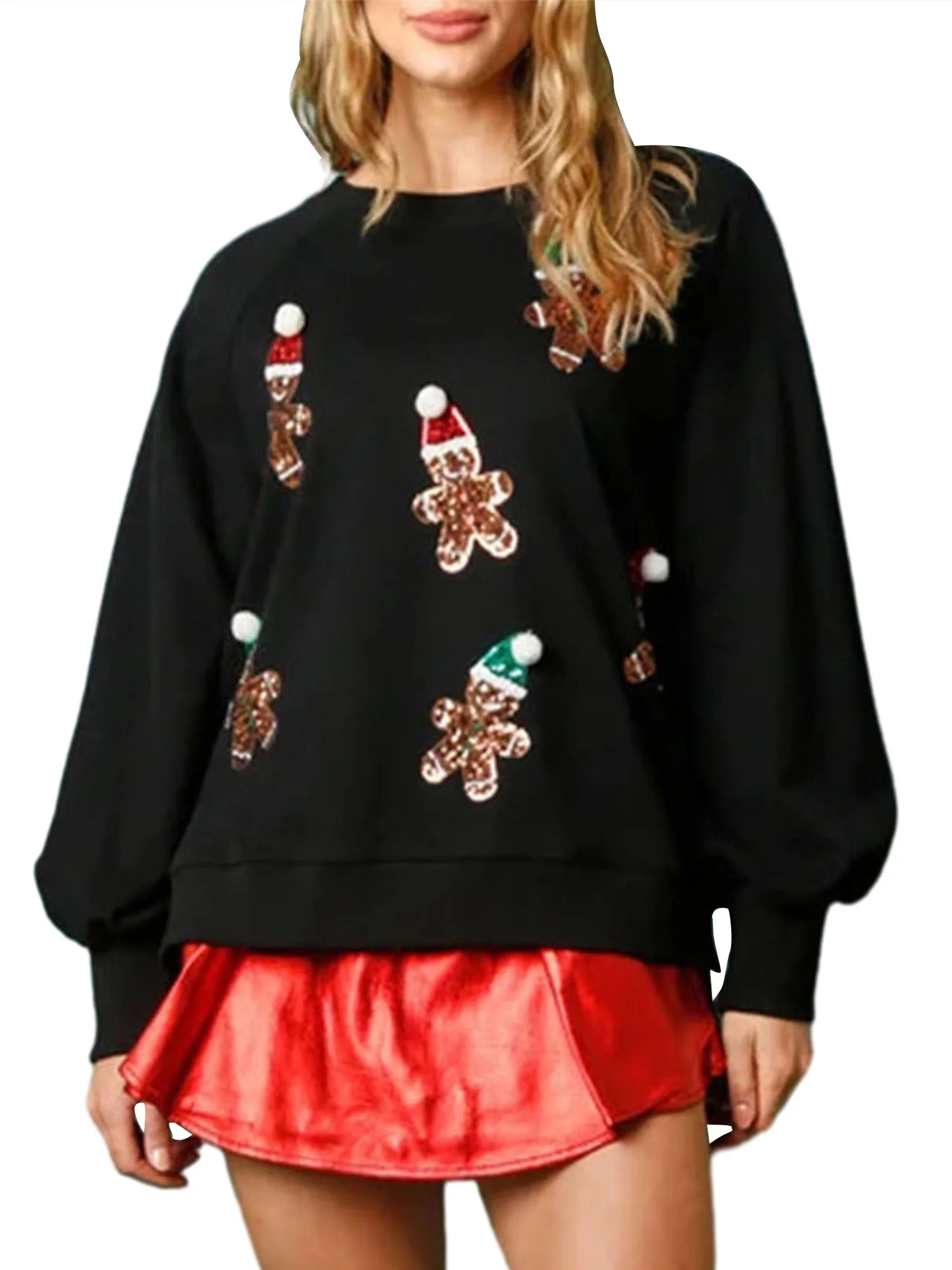 Shunvnny Women Sequin Christmas Santa Sweater Oversized Lantern Sleeve Sweatshirt Side Slit Spark... | Walmart (US)