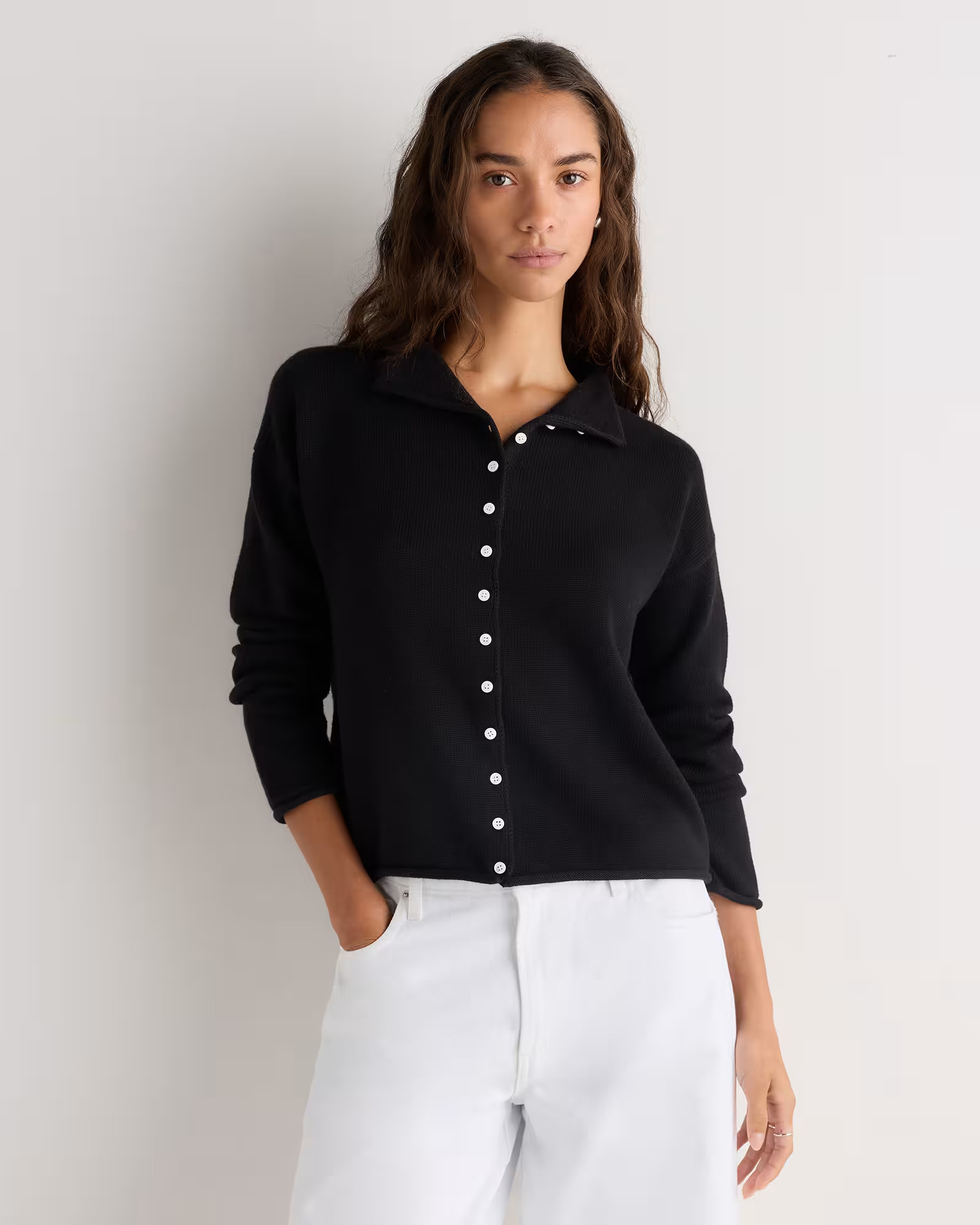 Cotton Cashmere Roll Neck Cardigan in Sapphire Blue | Quince