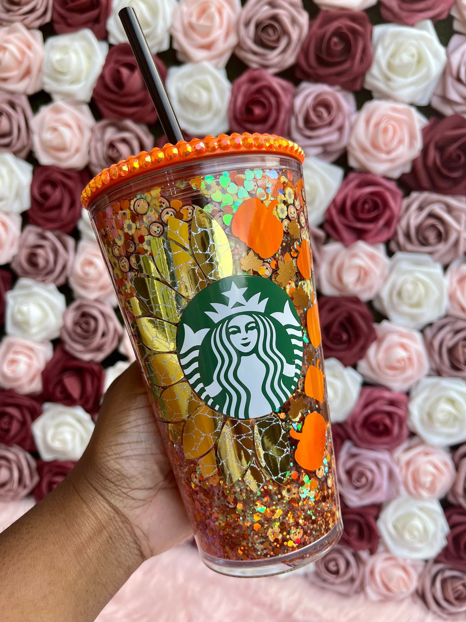 Sunflower Pumpkin Halloween Snow Globe Tumbler|Starbucks Rhinestone Lid Tumbler|Floating Glitter|... | Etsy (US)