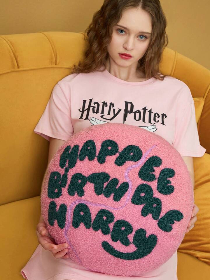 HARRY POTTER X SHEIN Pink Plush Alphabet Pattern Pillow | SHEIN