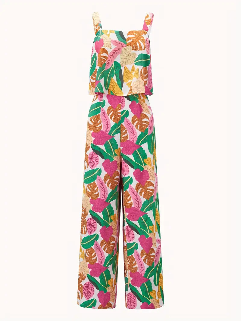 Tropical Print Zip Back Wide Leg Jumpsuit Vacation - Temu | Temu Affiliate Program