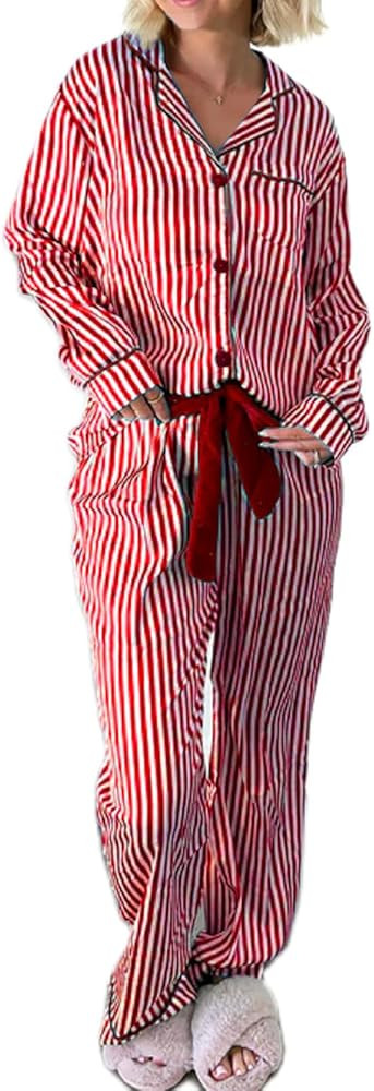 Sastianaen Women Christmas Pajamas Pant Set Bow Tie Long Sleeve Shirt Ruffle Trousers Striped 2 P... | Amazon (US)