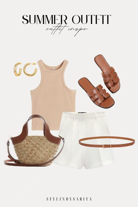 summer outfit inspo, trendy outfits, tank top, neutral tank top, thin belt, white shorts, woven tote bag, gold hoop earrings, Abercrombie outfit, H&M outfit

#LTKstyletip #LTKunder50 #LTKunder100