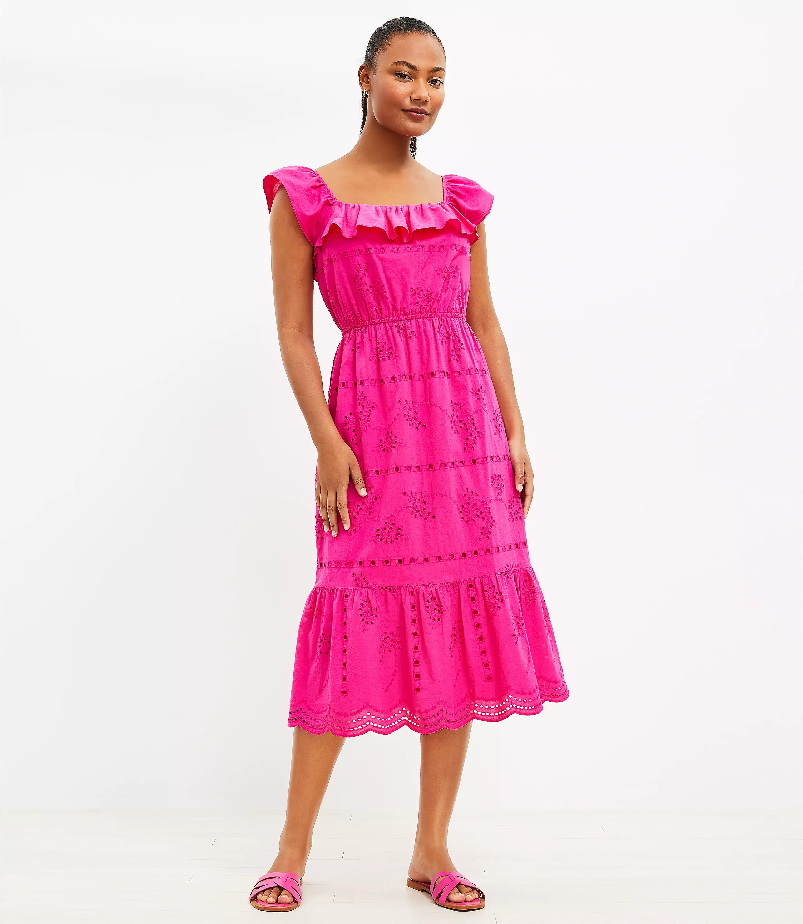 Petite Eyelet Ruffle Square Neck Midi Dress | LOFT