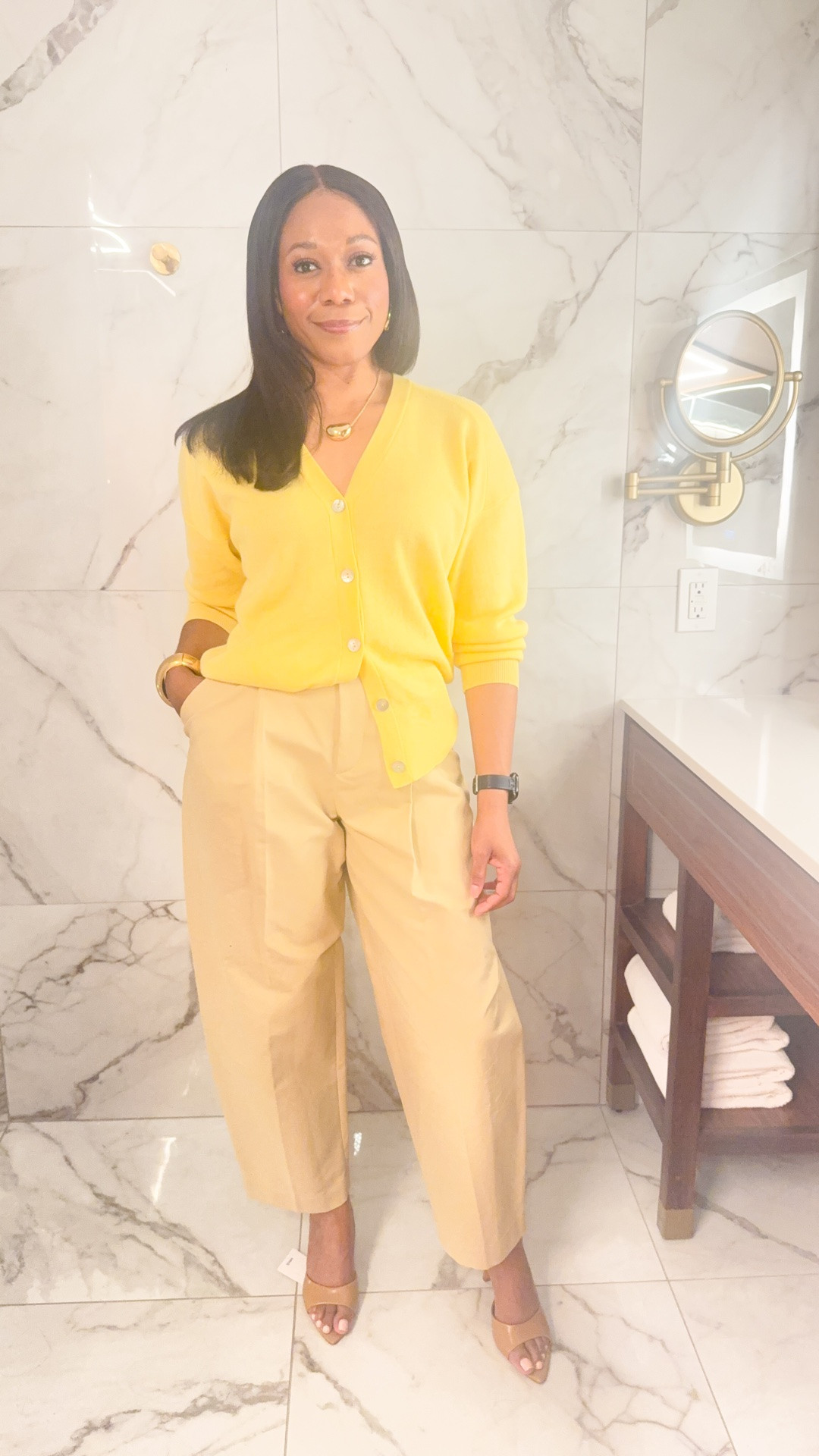 Yellow has easily been my favourite colour this spring. Here is a simple chic outfit that I wear into the office during the spring and summer time. 

Business casual workwear, Spring outfit, summer outfit, yellow cardigan, how to style, balloon pants, khaki trousers, tan trousers, heeled sandals, gold bangle, gold necklace, office outfit, workwear, what I wore to the office

#LTKsummer #LTKworkwear #LTKmodest