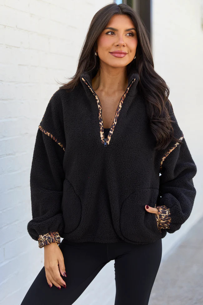 Lacey Black Half Zip Sherpa Pullover | Pink Lily