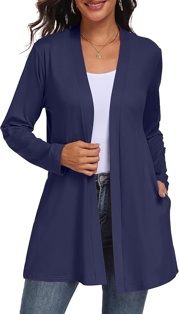 QIXING Womens Casual Lightweight Cardigan with Pocketes Long Sleeve Open Front Cardigan | Amazon (US)