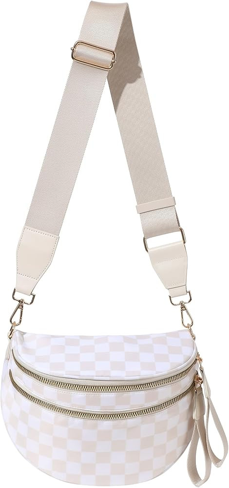 Checkered Bum Bag for Women, Roomy Crossbody Fanny Pack with Plus Size Adjustable Strap (Beige Ch... | Amazon (US)