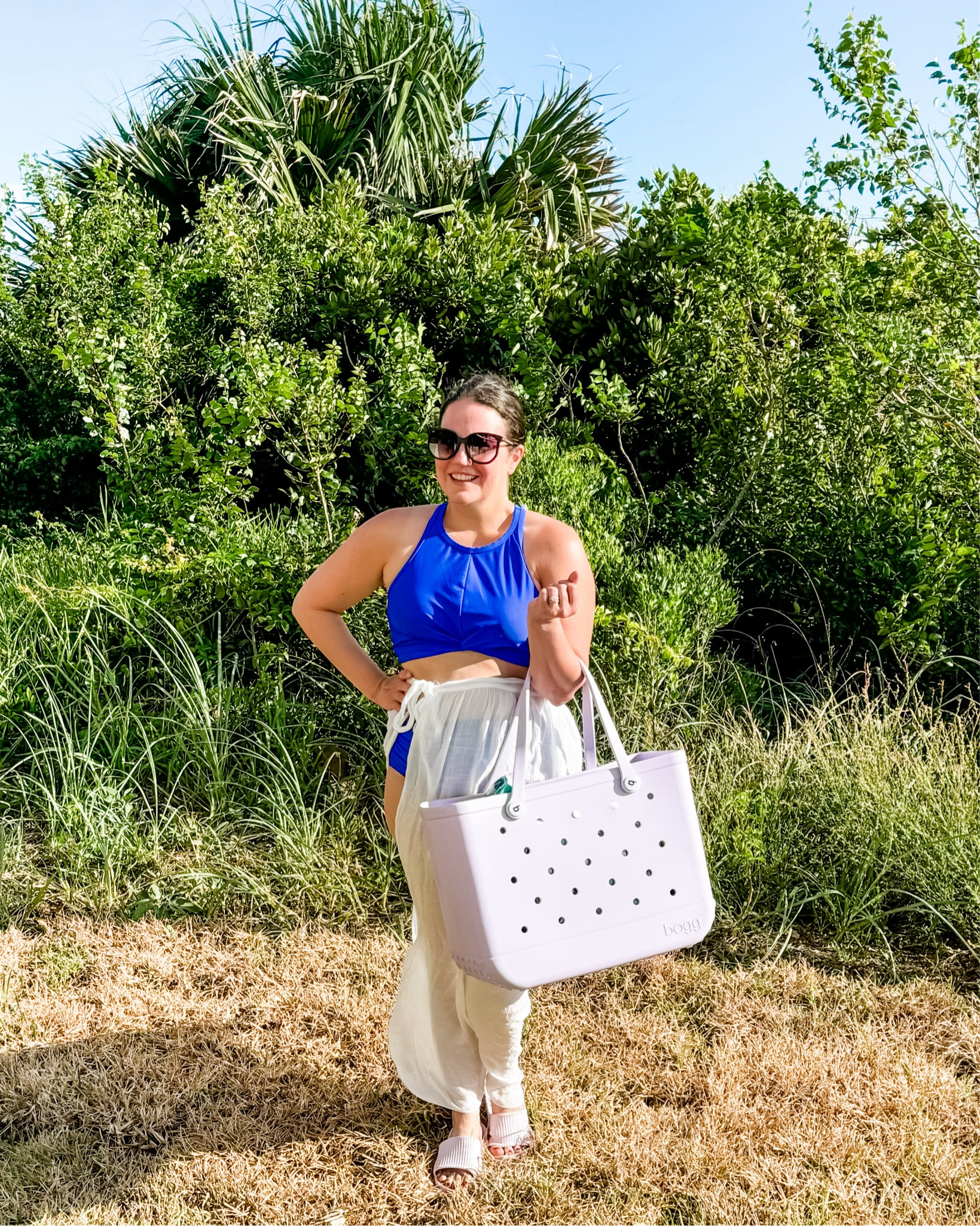Summer outfit / blue bikini swimsuit / blue two piece swimwear / white coverup skirt / purple beach bag / big pool bag / lavender purple pool sandals / black sunglasses 

#LTKFindsUnder50 #LTKTravel #LTKSwim