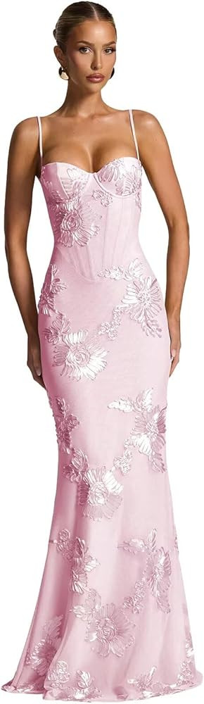 Spaghetti Straps Mermaid Prom Dress 2026 Floral Embroidery Long Corset Formal Evening Gowns | Amazon (US)