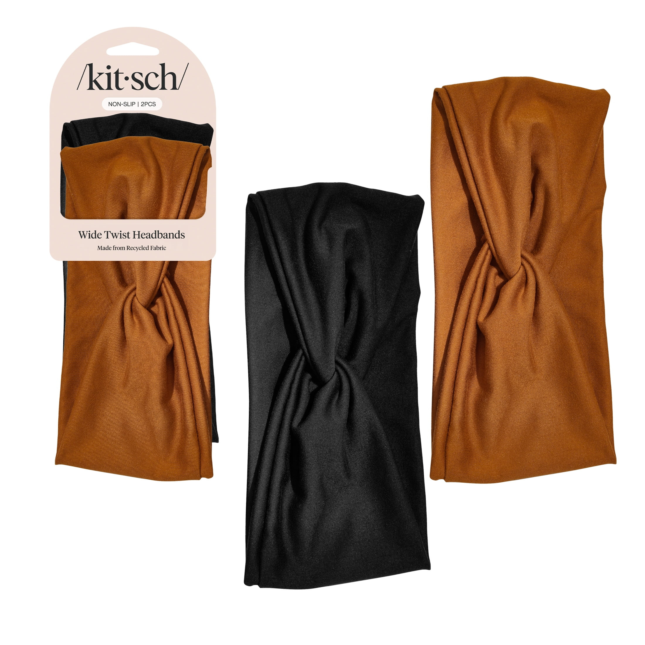 Kitsch Recycled Fabric Wide Headband Head Wraps Black & Camel 2pc | Walmart (US)
