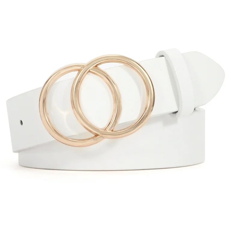 WHIPPY Women Leather Belt with Double Ring Buckle, White Waist Belt for Jeans Dress | Walmart (US)