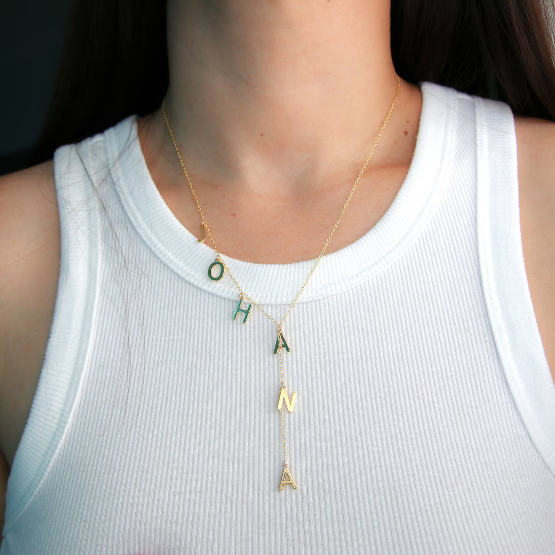 Custom Name Necklace, Gold Letter Necklace, Lariat Necklace, Lariat Name Initial Necklace, Person... | Etsy (US)