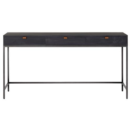 Theodore Industrial Loft Black Wood Iron 3 Drawer Desk | Kathy Kuo Home
