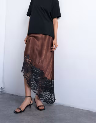 Topshop satin asymmetric lace hem maxi skirt in chocolate | ASOS (Global)
