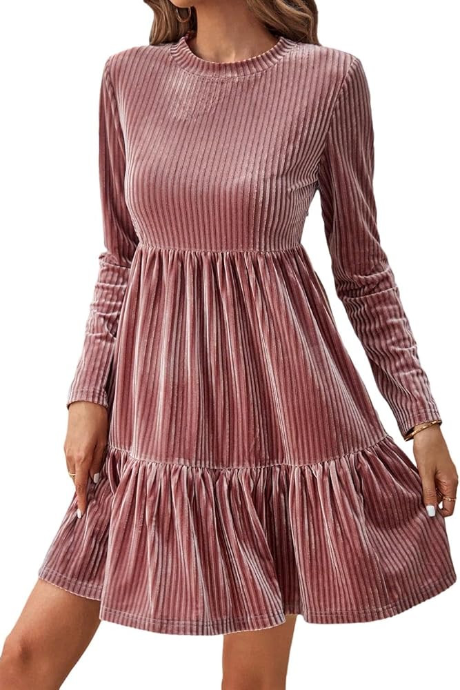 Melliflo Womens Velvet Dress Casual Round Neck Long Sleeve Tiered Ribbed Babydoll Mini Dress | Amazon (US)