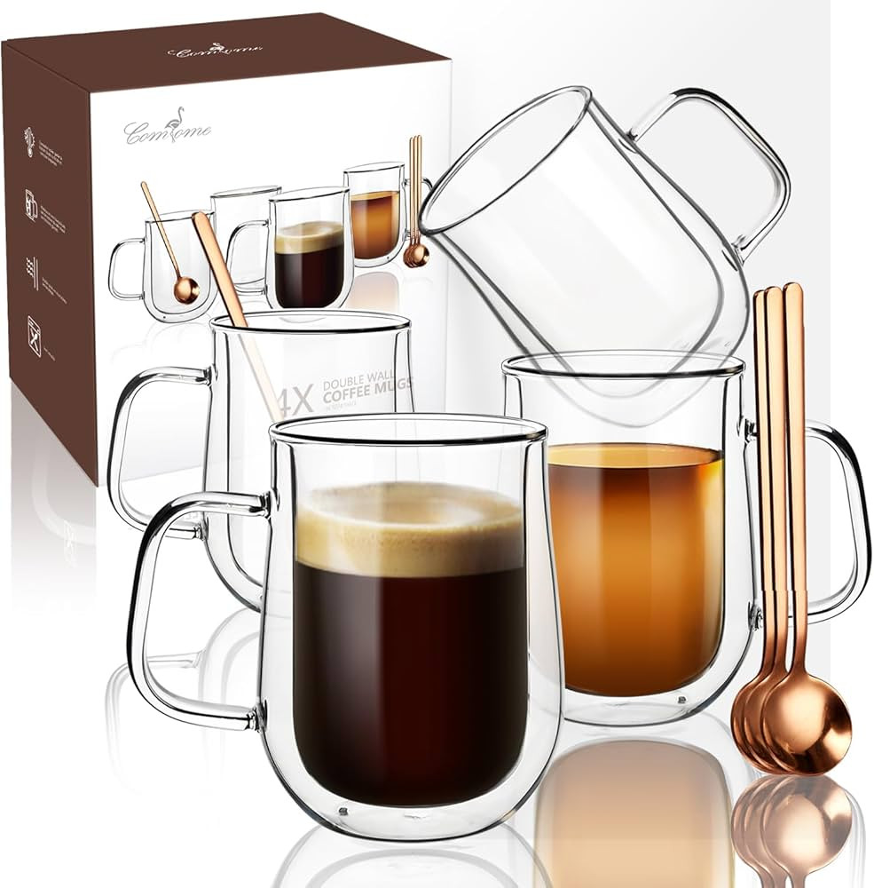 Comfome Clear Coffee Mug 16 OZ, Double Borosilicate Glass Coffee Cups Set of 4 with Spoons,Insula... | Amazon (US)