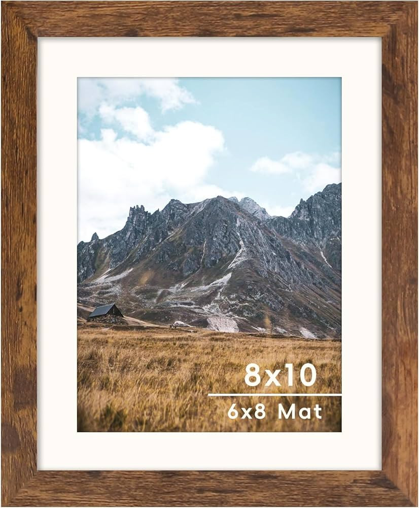 Brown 8x10 Picture Frame with Mat for 6x8 Display, Rustic Desk Wall Photo Frame for Horizontal an... | Amazon (US)