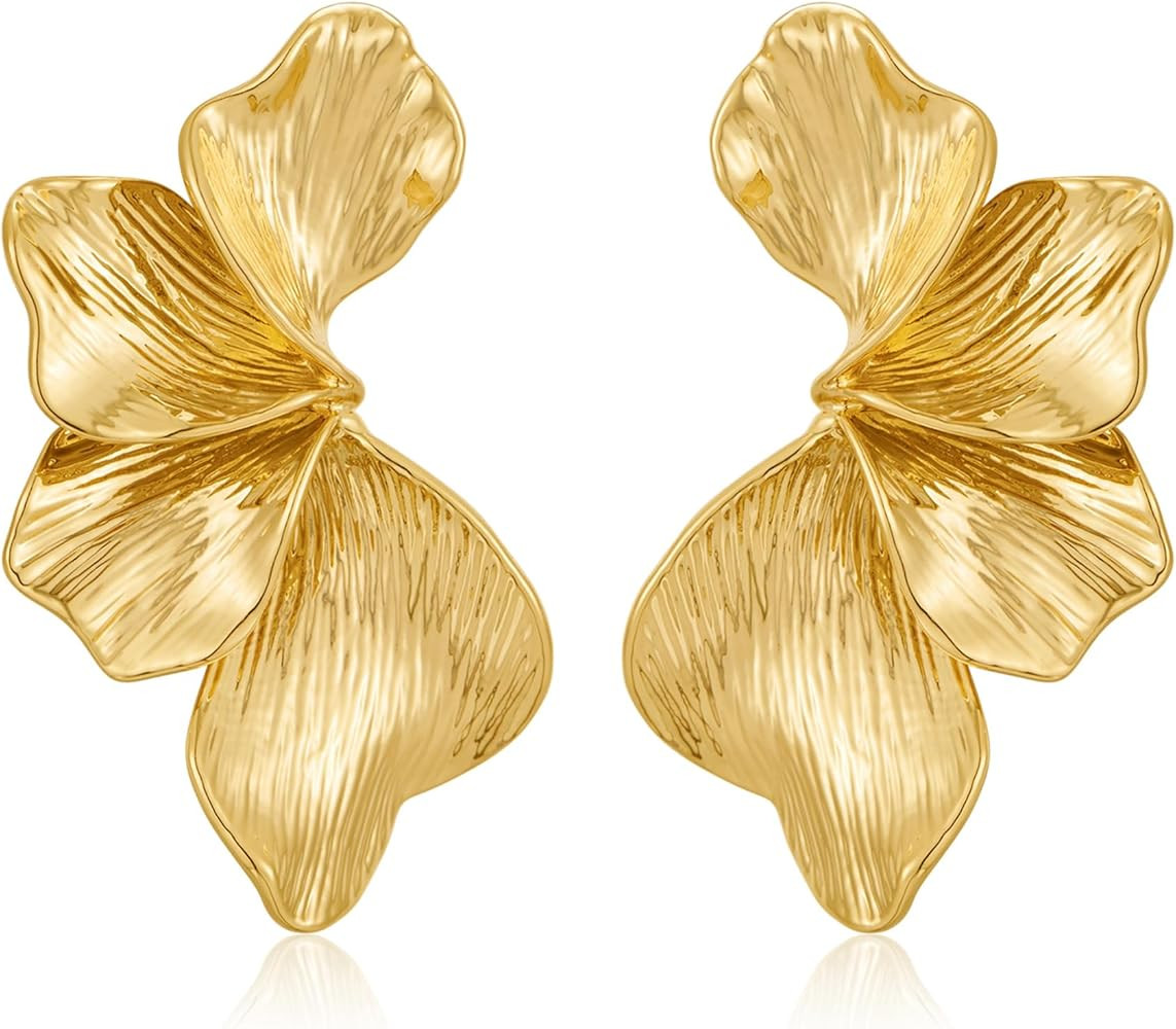 Chunky Gold Flower Dangle Stud Statement Heavy Earrings for Women Trendy Hypoallergenic Tropical ... | Amazon (US)