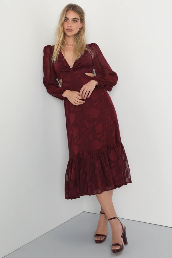 Desired Aesthetic Wine Red Floral Burnout Long Sleeve Midi Dress | Lulus (US)